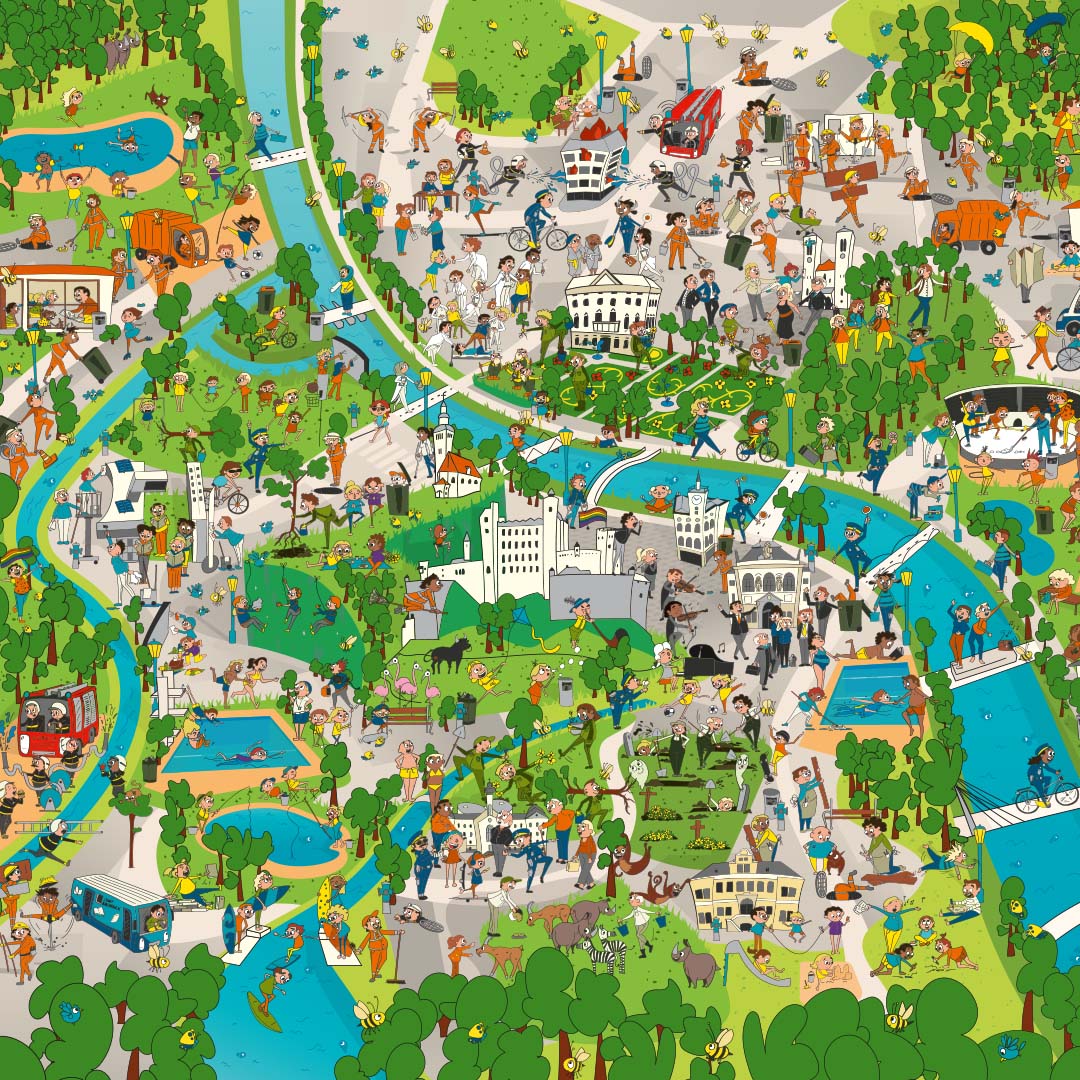 Stadt Salzburg Wimmelbild von Illustrator Clemens Birsak und Academy Werbeagentur