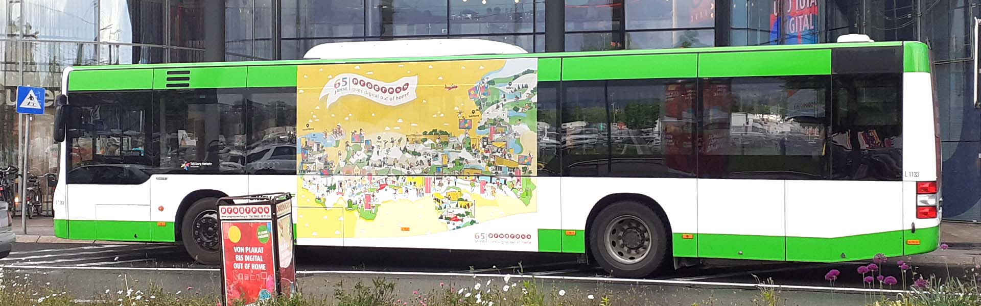 Progress Wimmelbild Bus Werbung von Illustrator Clemens Birsak